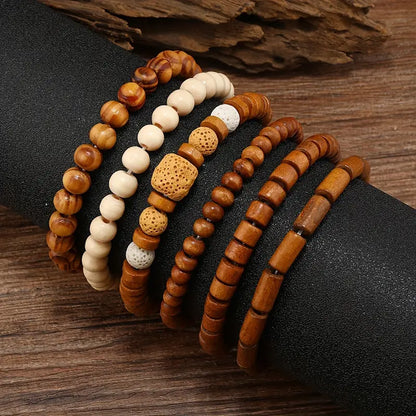 6pcs Vintage-Inspired Wooden Bead Stretchy Bracelet Set - Fashionable