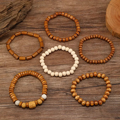 6pcs Vintage-Inspired Wooden Bead Stretchy Bracelet Set - Fashionable