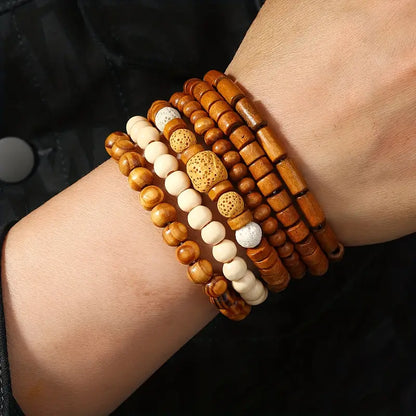 6pcs Vintage-Inspired Wooden Bead Stretchy Bracelet Set - Fashionable