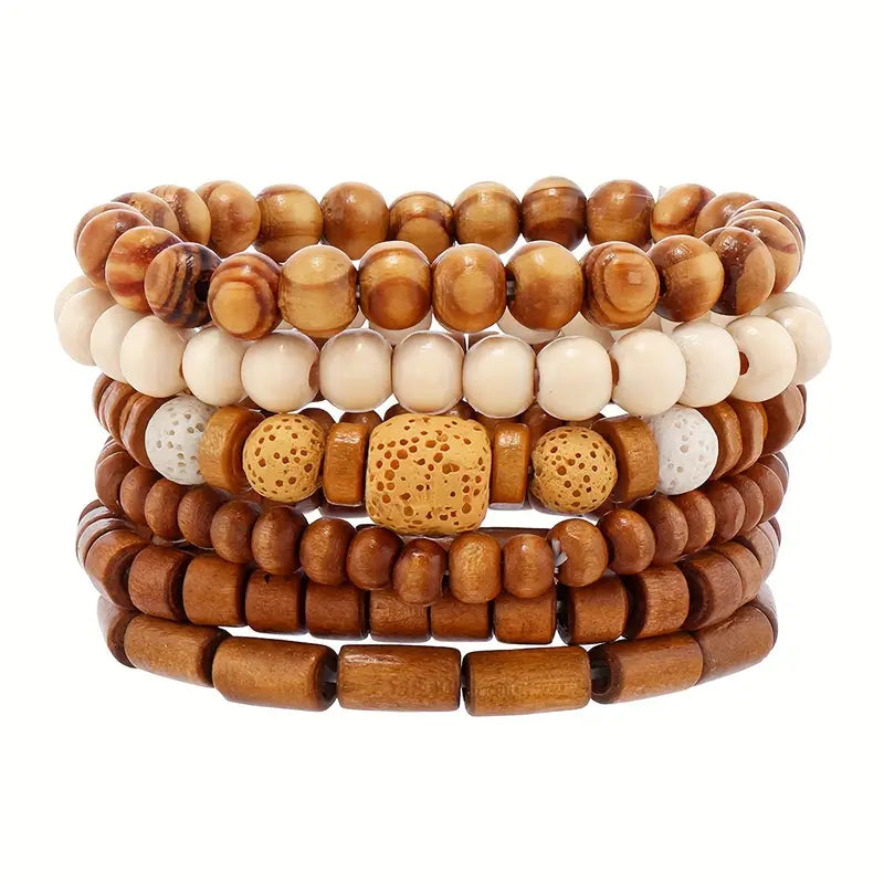 6pcs Vintage-Inspired Wooden Bead Stretchy Bracelet Set - Fashionable