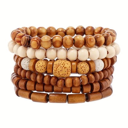 6pcs Vintage-Inspired Wooden Bead Stretchy Bracelet Set - Fashionable