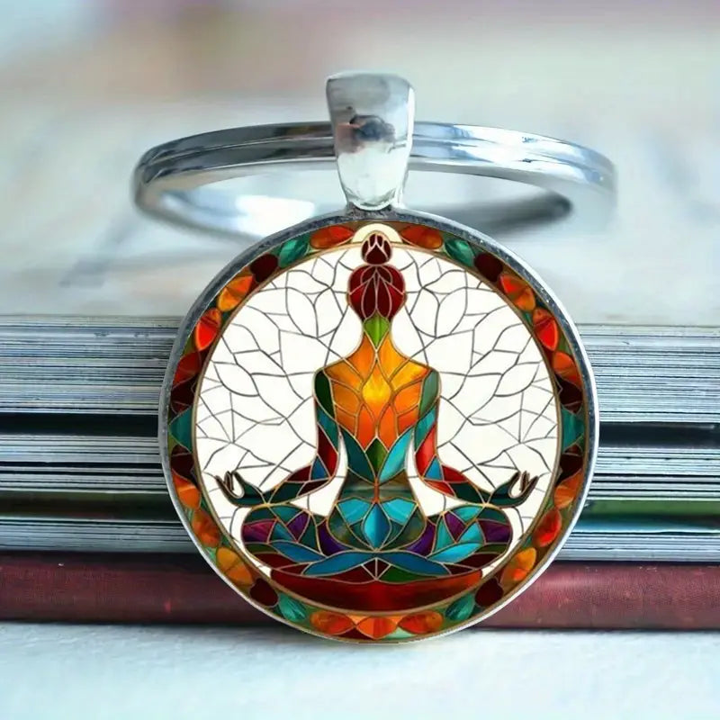 1 llavero de meditación de yoga de aleación de zinc vintage con diseño de chakras, llavero espiritual para yoga