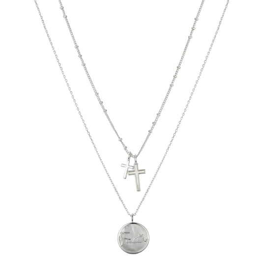 Women's 14Kt Gold Flash Plated Genuine Mother of Pearl "Faith" Cross Layered Pendant Necklace, 16+2" & 18+2" Extender