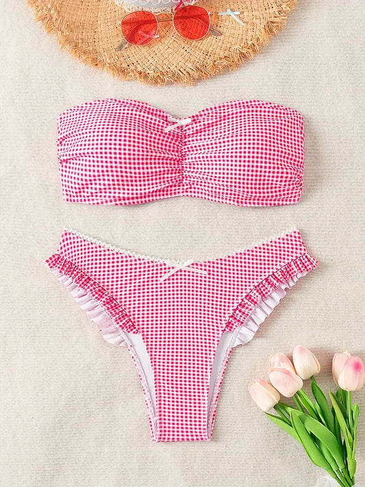 Women's Sexy Beach Gingham Print Bikini Set, With Frill Trim Two-Piece Swimwear, High Cut Bottom