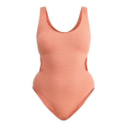 Maiô feminino de uma peça com recorte jacquard e perna alta