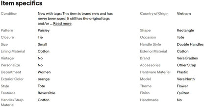 Vera BRADLEY, Bolsa pequena North South Tote, reversível