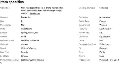 Calça de moletom Victoria's Secret Pink, modelo Ivy Fleece, corte reto e modelagem relaxada.