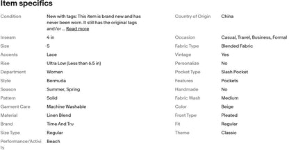 Pantalón corto Time &amp; Tru de mezcla de lino para mujer, color beige con bolsillos, entrepierna de 4 pulgadas