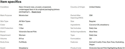 Óleo Corporal Hidratante Iluminador Rosa Morango da Victoria's Secret 236 ml