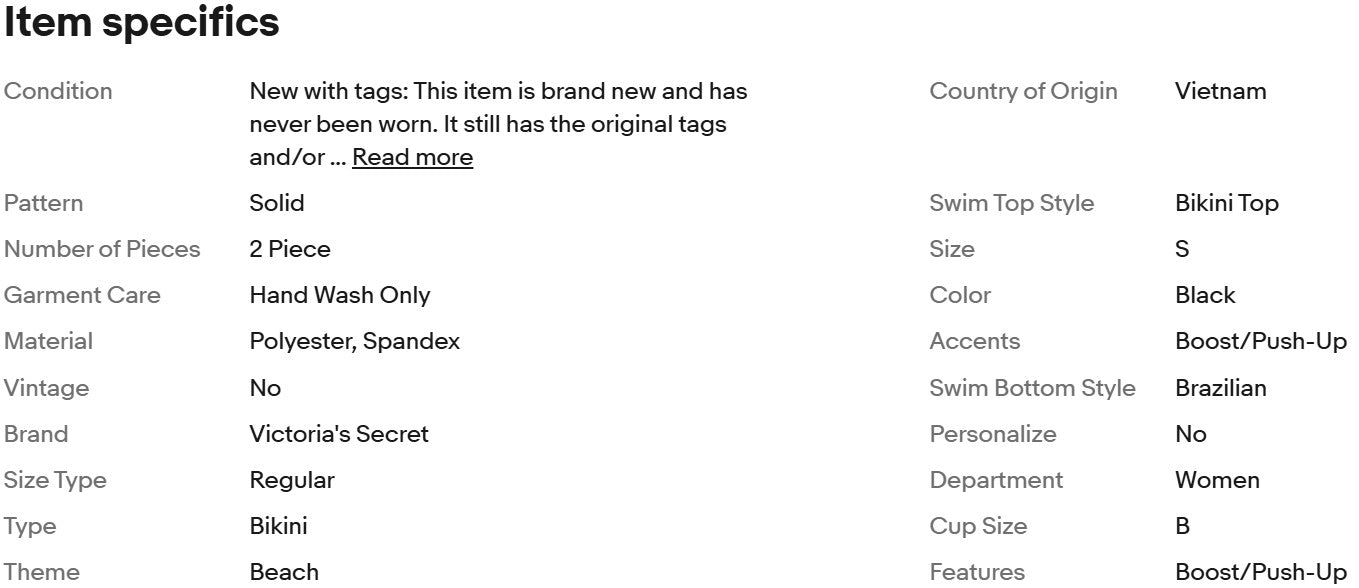 Biquíni feminino Victoria's Secret, top tamanho 34B e calcinha tamanho P, preto.