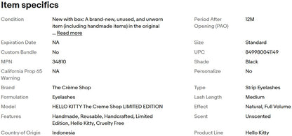 HELLO KITTY Creme Shop LIMITED EDITION Handcrafted False Eye Lashes