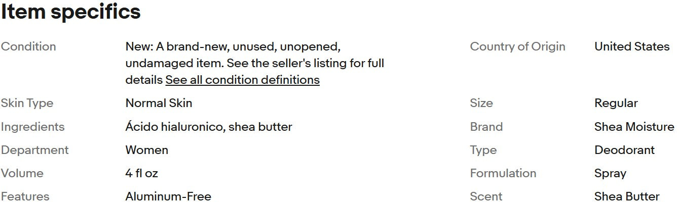 Shea Moisture, manteiga de karité pura e ácido hialurônico, desodorante corporal em spray, 72 horas