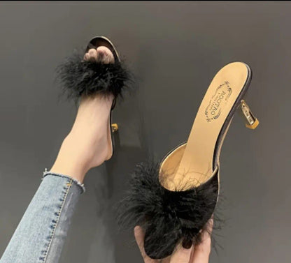 Glamorous Faux Fur Trim High Heel Sandals - Open Toe Slip-On Pumps for Women - Elegant Dress Shoes with a Stylish, Trendy Twist