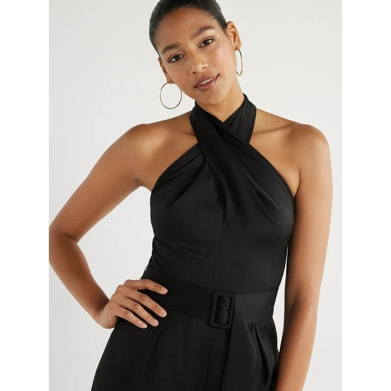 Suéter longo feminino com decote em U, preto