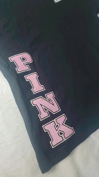 Victoria's Secret Pink Black T-Shirt, Campus Varsity Logo Black Tee