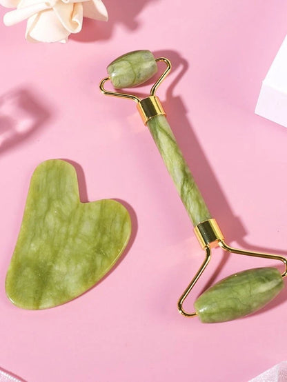 Conjunto Roller + Pedra Gua Sha - Massageador Facial Original de Jade - Cuidados Antienvelhecimento para a Pele