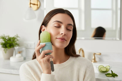 Masajeador de rodillo con cubitos de hielo para rostro, ojos y cuello. Acondiciona y cuida la piel de forma natural.