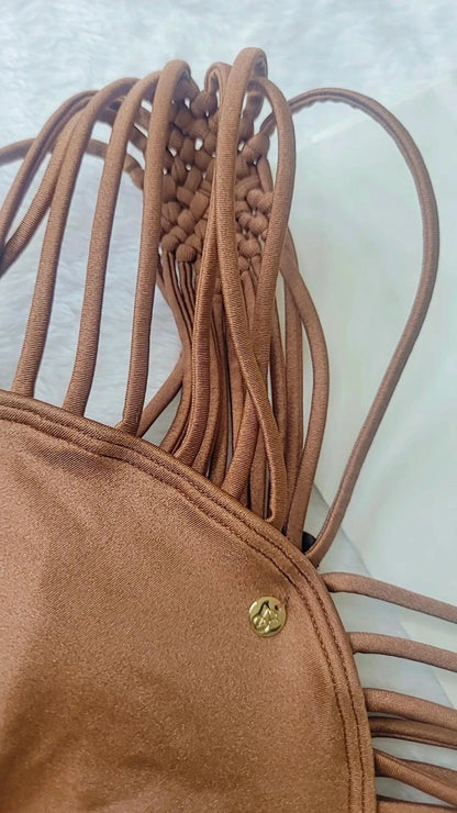 Maiô Victoria's Secret Archives com estampa em macramê, calcinha nova, cor marrom.