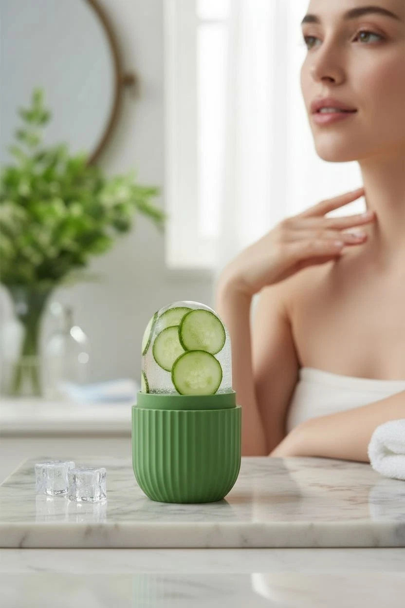 Masajeador de rodillo con cubitos de hielo para rostro, ojos y cuello. Acondiciona y cuida la piel de forma natural.