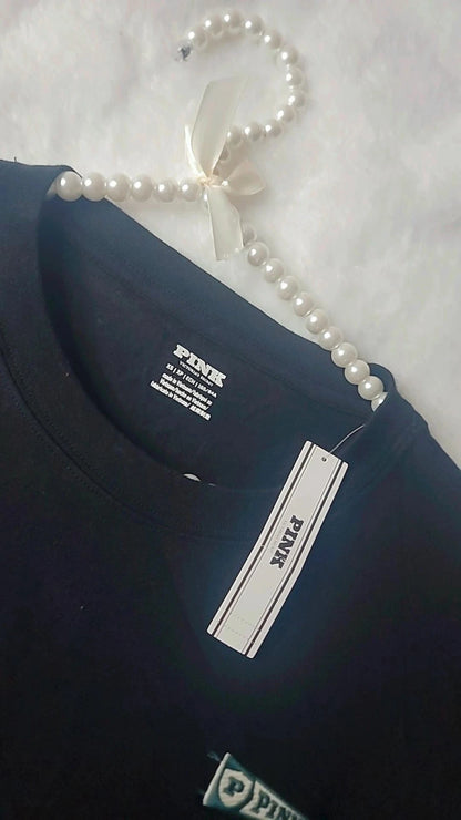 Victoria's Secret Pink Black T-Shirt, Campus Varsity Logo Black Tee