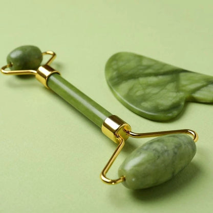 Conjunto Roller + Pedra Gua Sha - Massageador Facial Original de Jade - Cuidados Antienvelhecimento para a Pele