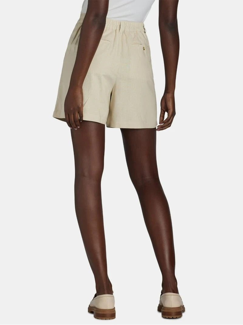 Pantalón corto Time &amp; Tru de mezcla de lino para mujer, color beige con bolsillos, entrepierna de 4 pulgadas