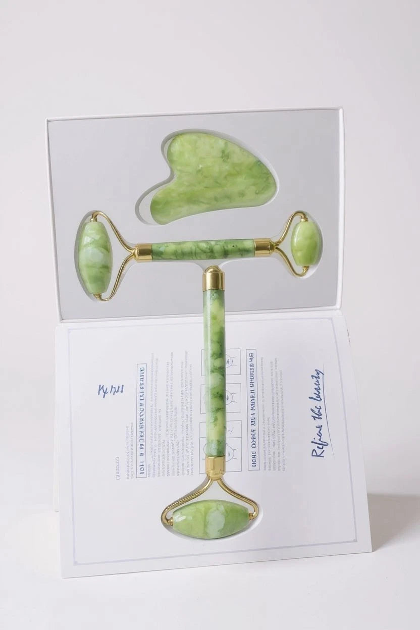 Conjunto Roller + Pedra Gua Sha - Massageador Facial Original de Jade - Cuidados Antienvelhecimento para a Pele