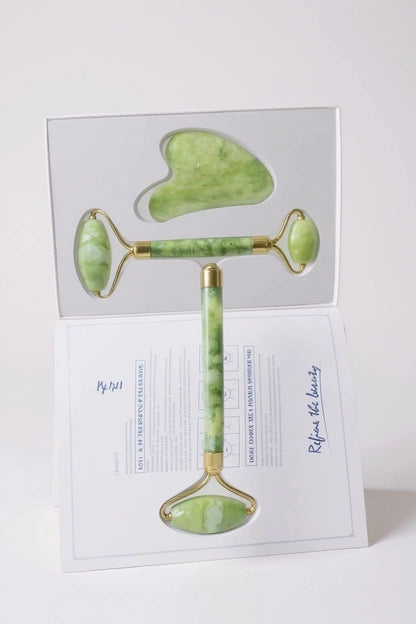 Conjunto Roller + Pedra Gua Sha - Massageador Facial Original de Jade - Cuidados Antienvelhecimento para a Pele