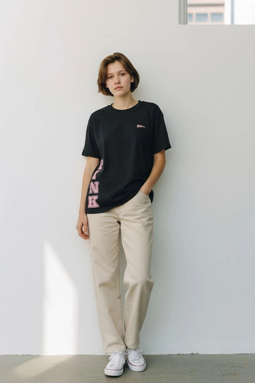 Victoria's Secret Pink Black T-Shirt, Campus Varsity Logo Black Tee