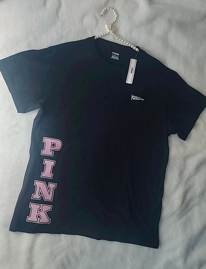 Victoria's Secret Pink Black T-Shirt, Campus Varsity Logo Black Tee