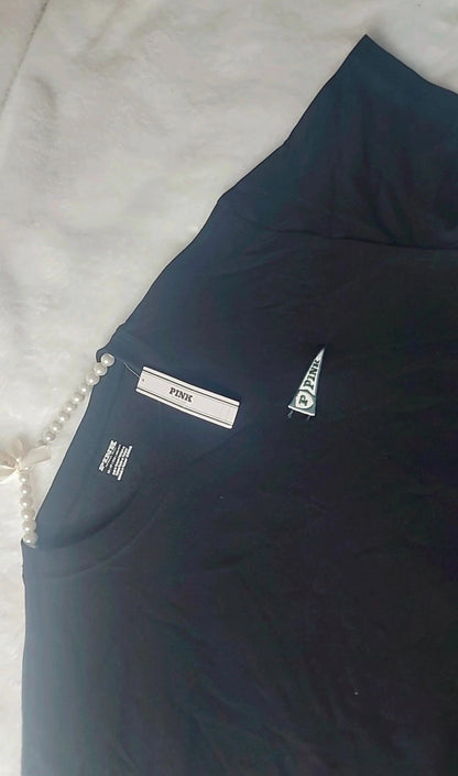 Victoria's Secret Pink Black T-Shirt, Campus Varsity Logo Black Tee