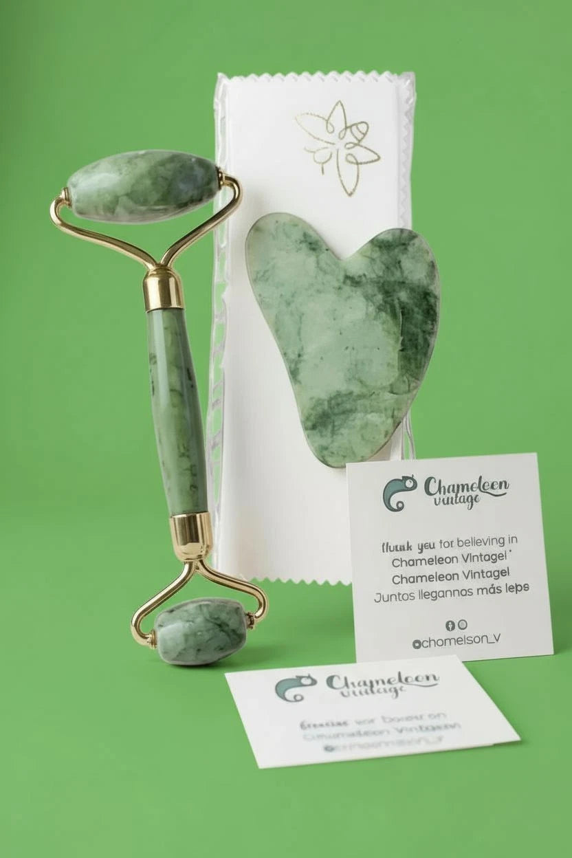 Conjunto Roller + Pedra Gua Sha - Massageador Facial Original de Jade - Cuidados Antienvelhecimento para a Pele