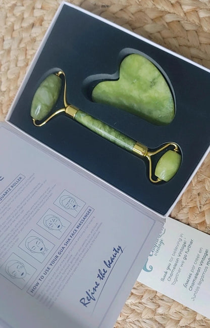 Conjunto Roller + Pedra Gua Sha - Massageador Facial Original de Jade - Cuidados Antienvelhecimento para a Pele