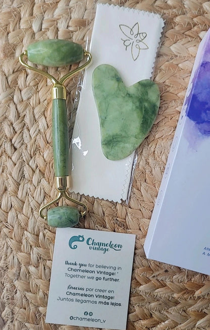 Conjunto Roller + Pedra Gua Sha - Massageador Facial Original de Jade - Cuidados Antienvelhecimento para a Pele