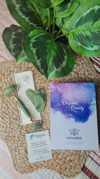 Conjunto Roller + Pedra Gua Sha - Massageador Facial Original de Jade - Cuidados Antienvelhecimento para a Pele