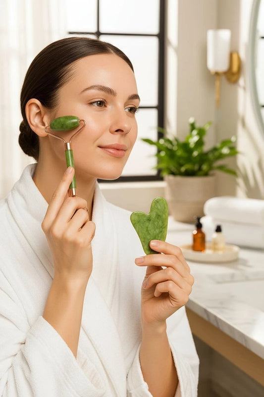 Conjunto Roller + Pedra Gua Sha - Massageador Facial Original de Jade - Cuidados Antienvelhecimento para a Pele