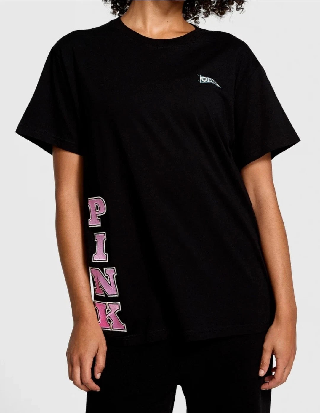 Victoria's Secret Pink Black T-Shirt, Campus Varsity Logo Black Tee