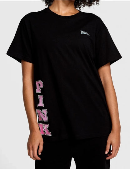 Victoria's Secret Pink Black T-Shirt, Campus Varsity Logo Black Tee