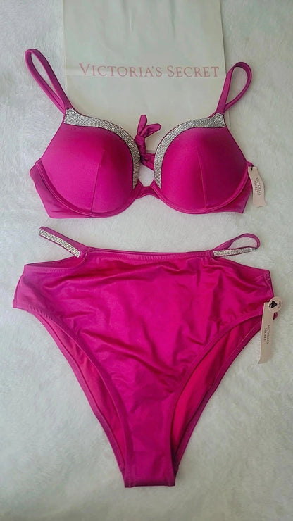 Victoria's Secret Women's Deluxe 2-Piece Shine Swimsuit New, Bottom M, Top 34C