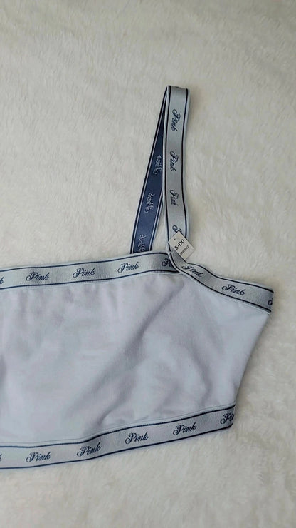 Top rosa com logo, nova cor azul, feminino.