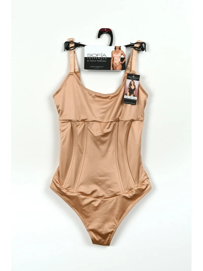 Body de cetim estruturado Sofia Vergara para mulheres, bege